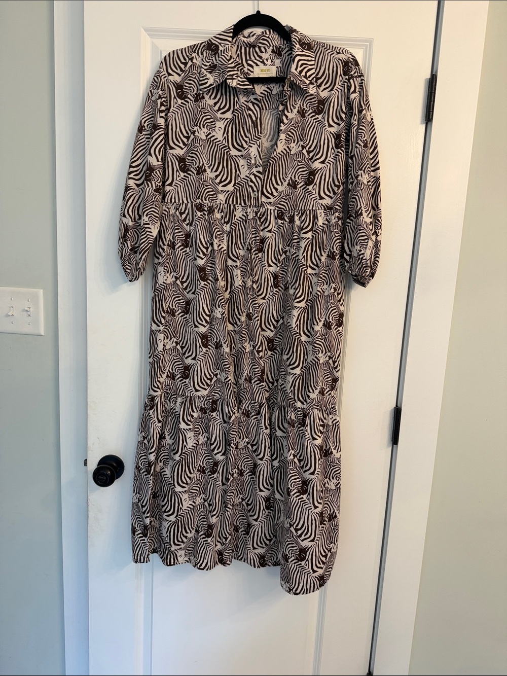 Mauve Zebra-Print Collared Midi Dress in Brown and Cream